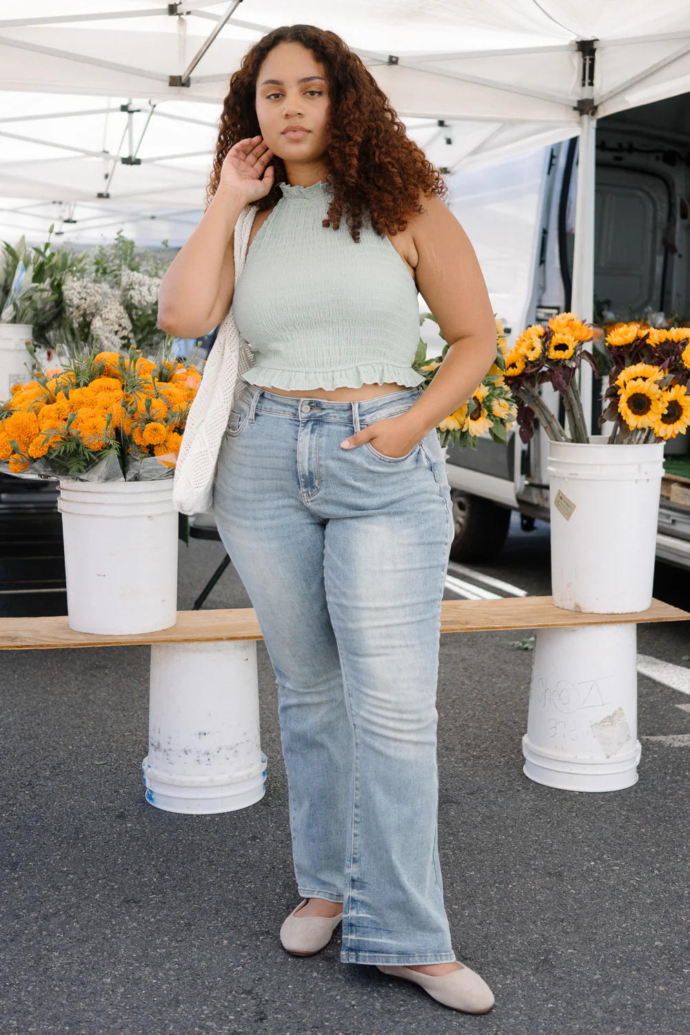 Megan Mid Rise Tinted Pin Tack Detail Flare Jeans - PLUS