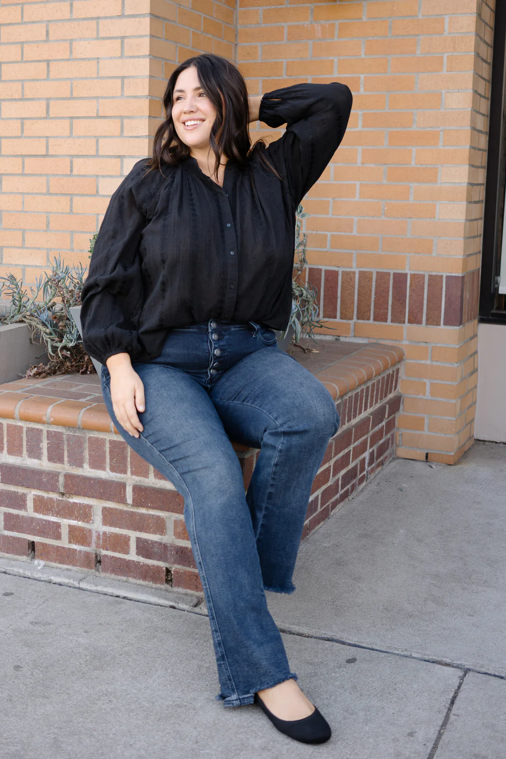 Lisa High Rise Button Fly Hem Distressed Straight Jeans - PLUS