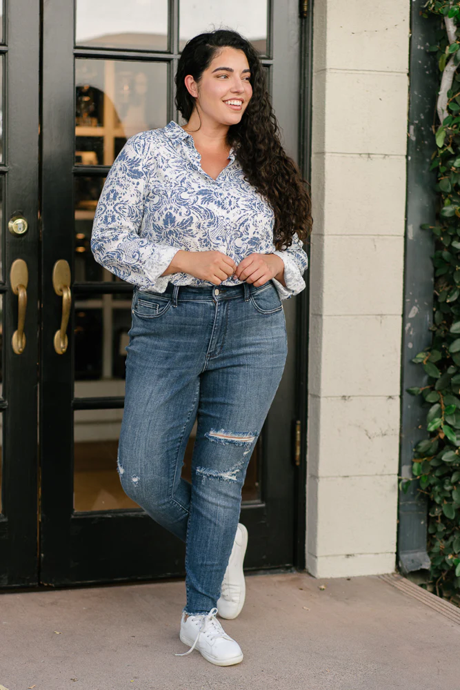 Andrea High Waist Skinny Jeans with Rips - PLUS