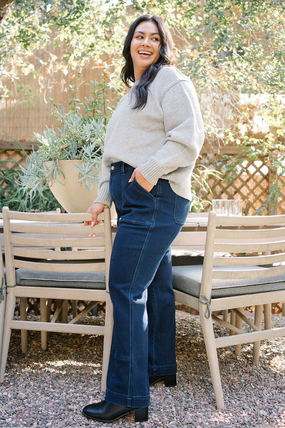 Leslie High Rise Work Wear Knee Patch Straight Jeans - PLUS