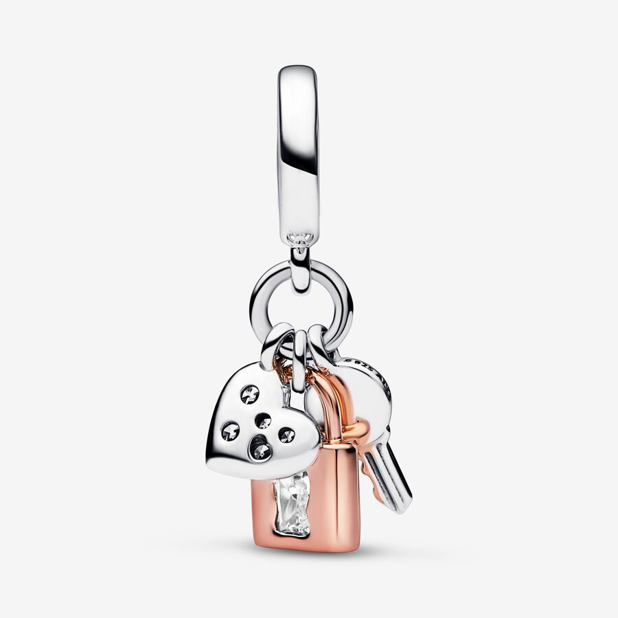 Two-tone Key, Padlock & Heart Triple Dangle Charm