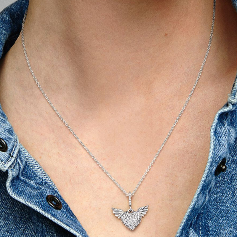Pavé Heart and Angel Wings Necklace