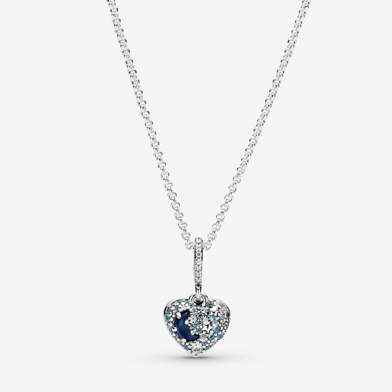 Sparkling Blue Moon & Stars Heart Necklace