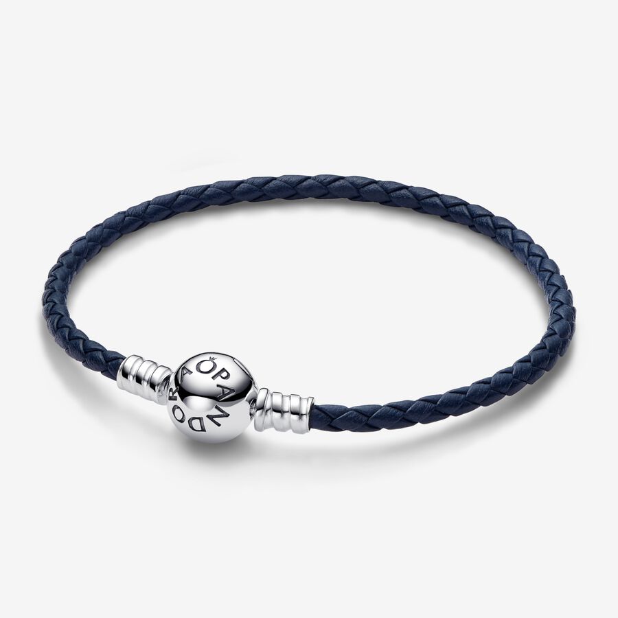 Moments Round Clasp Blue Braided Leather Bracelet