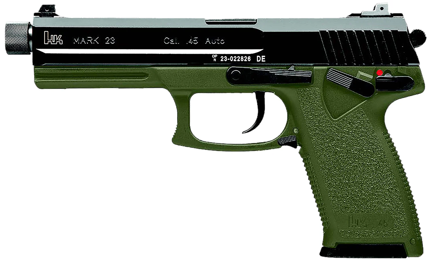HK 81001075 Mark 23 45 ACP 10+1 5.87 Black Threaded Barrel, Black Cerakote Serrated Steel Slide, OD Green Polymer Frame w/Accessory Rail, Textured Grip - CLB Guns