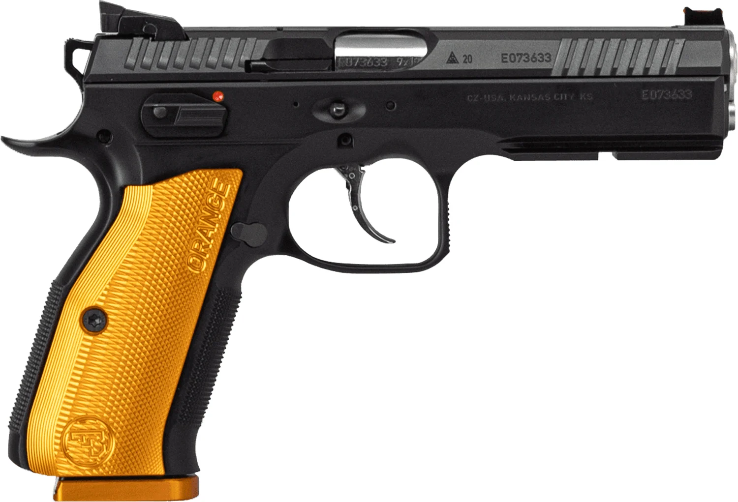 CZ-USA 91248 Shadow 2 9mm Luger 17+1 4.89 Stainless Steel Barrel, Black Nitride Optic Cut/Serrated Slide, Black Steel Frame w/Beavertail Picatinny Rail, Orange Checkered Aluminum Grip - CLB Guns