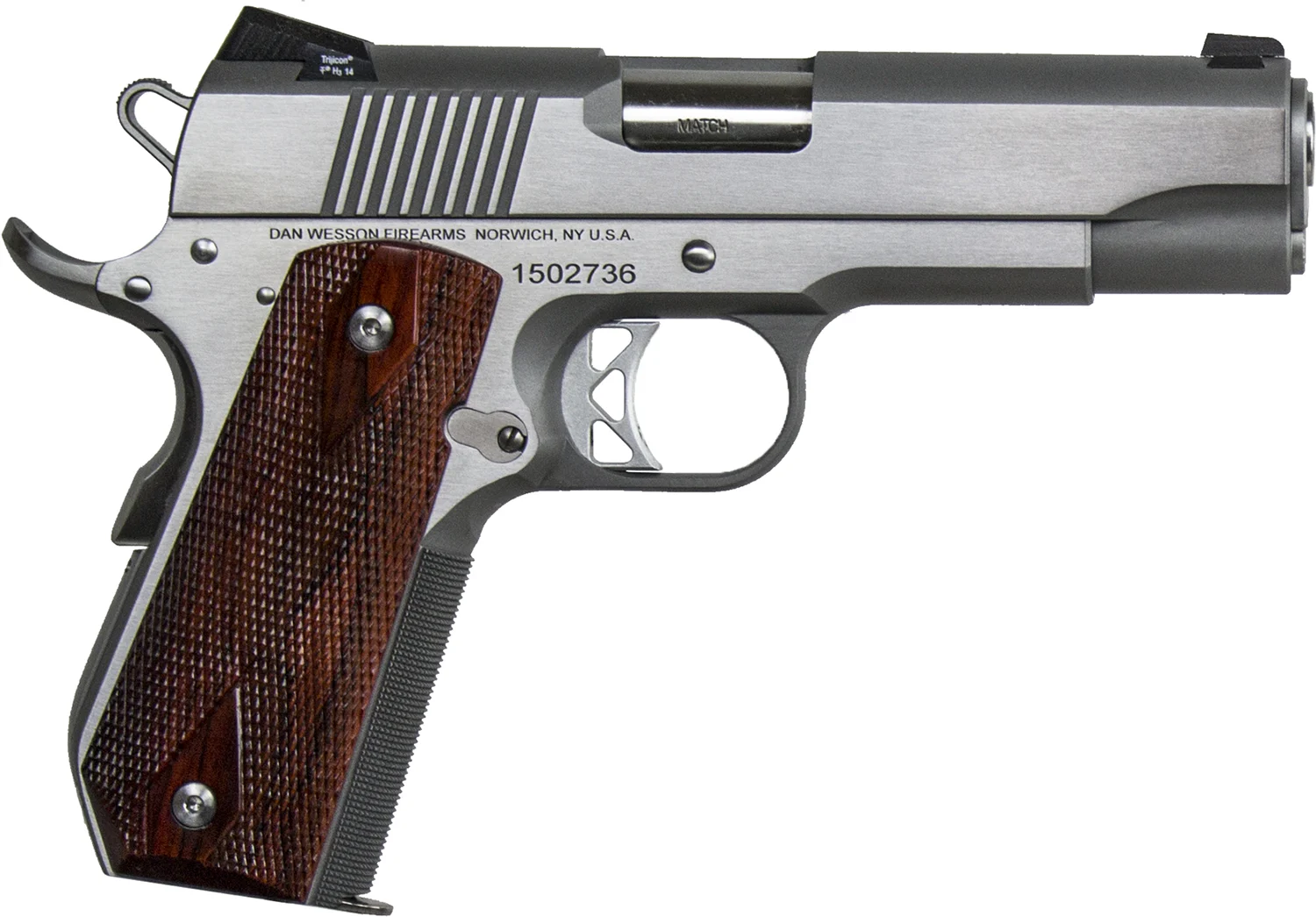 Dan Wesson 01912 Commander Classic *CA Compliant 45 ACP 8+1 4.25 Stainless Match Grade Barrel, Brushed Stainless Steel Serrated Slide Bobtail Frame, Wood Grip, Ambidextrous - CLB Guns