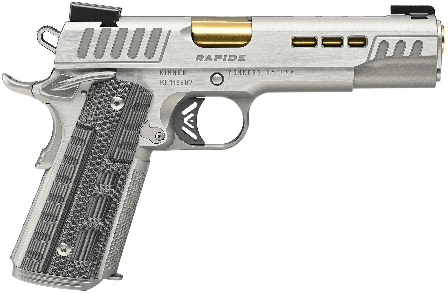 Kimber Mfg.,inc 3000423CA Rapide Dawn (CA) (MA) 45 ACP 8+1 5 KimPro Silver Front and Rear Serrations Stainless Steel Slide Gray/black Rapide G10 Grip - CLB Guns