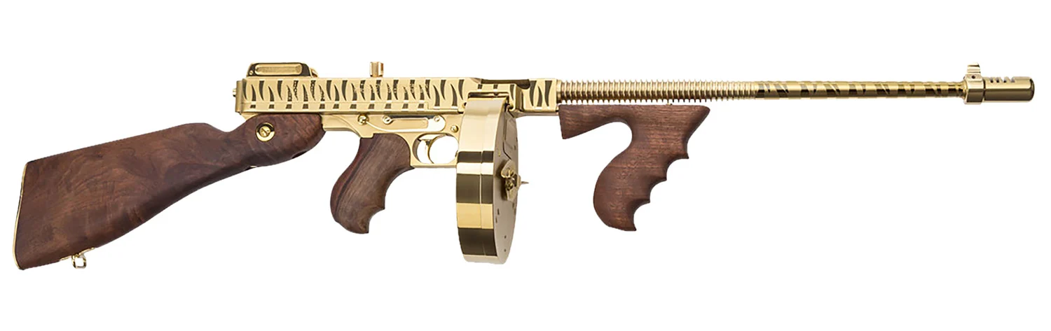 Thompson T150DTGTS 1927A-1 Deluxe 45 ACP Caliber with 16.50 Barrel, 20+1 Capacity (Stick), 50+1 Capacity (Drum), Gold w/Tiger Stripe Metal Finish, American Walnut Stock Wood Grip Right Hand - CLB Guns
